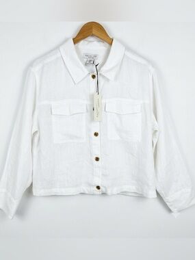 Rachel Zoe 100% Linen Shirt Jacket Cropped MEDIUM White Lightweight Coastal NWT